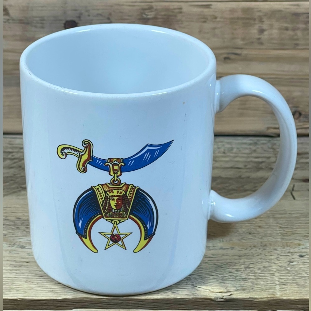 Shriner Mug Masonic White Blue Gold Sword Moon Eastern Star Emblem Fraternal Cup